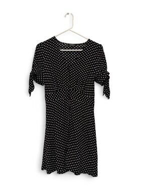 Express Black and White Polka Dot Midi Dress with Tie Sleeves
